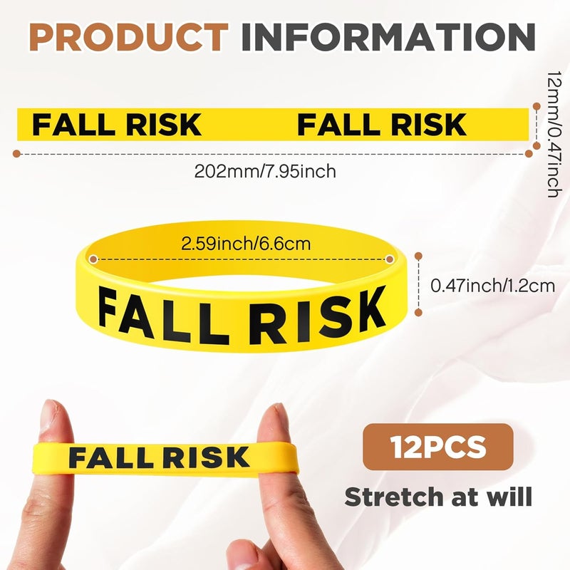 Sumind 12 Pcs Fall Risk Bracelet Emergency Alert Wristband for Elderly Patient Wristbands Fall Risk Silicone Rubber Bracelets for Men Women Old People Gifts(Yellow) - Image 3